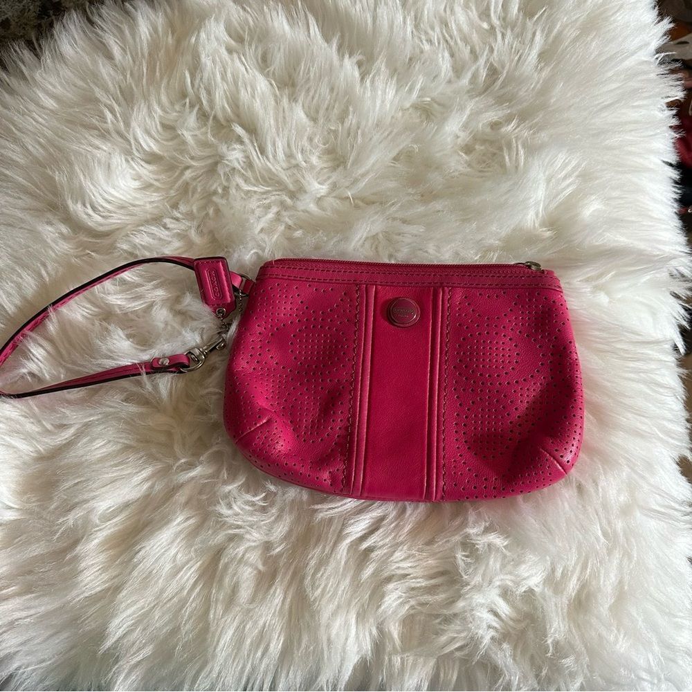 Coach Fuchsia Perforated Leather Wristlet